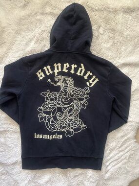 Superdry Snake & Floral Tattoo Graphic Loose Black Zip Up Hoodie Size: Large